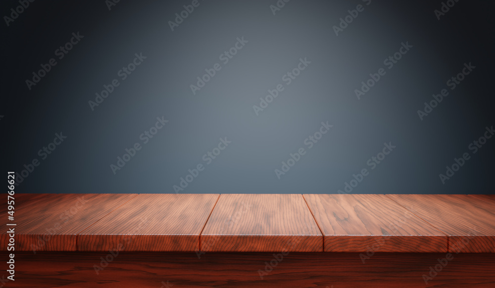 Poster wooden table against dark background. place for product display. 3d render. 3d illustration.