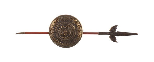 medieval spear and shield isolated on white background