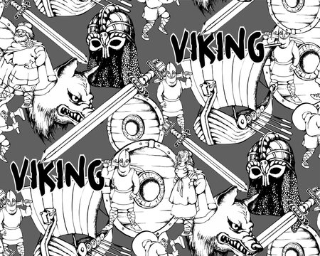 Seamless pattern of Viking helmet, shield and sword.