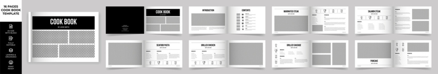 Landscape Cookbook Layout Template with Black Accents, Simple style and modern design, Recipe Book Layout
