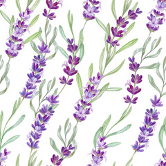 Pattern with lavender flowers and leaves, watercolor illustration