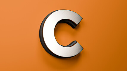Letter C in Silver, Gold and Black with Orange background. 3D Alphabet Letter illustration