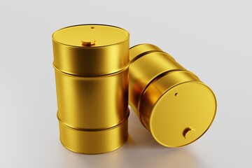 Golden glossy oil barrel, 3D rendering, abstract business background