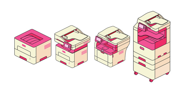 Vector icons of isometric office MFP. Printer logos in pink and bright yellow
