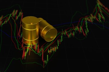 A gold barrel of oil on the background of a Forex chart with Japanese Brent candles on a black background, falling energy prices during the coronvirus pandemic and covid 19 disease, 3D rendering