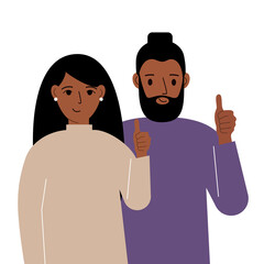 Smiling young couple, good mood concept. Positive emotions, happy people, boyfriend and girlfriend showing thumbs up, fun and joy.