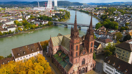 The Cathedral of Basel in the hisoric district - view from above by drone