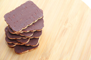 chocolate cookies on a wooden table. handmade chocolate dessert