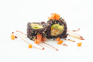 Sushi roll with black rice isolated Uramaki on white background maki