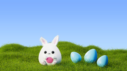 Easter bunny is sitting on a hill, 3d render. Cartoon rabbit sitting in the grass. Easter banner with eggs and a grass lawn