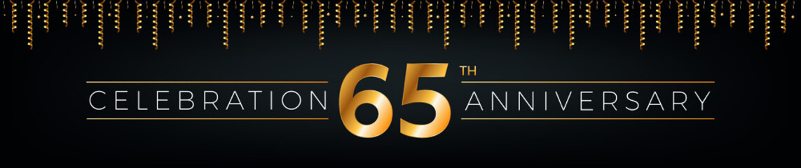 Fototapeta na wymiar 65th anniversary. Sixty-five years birthday celebration horizontal banner with bright golden color.