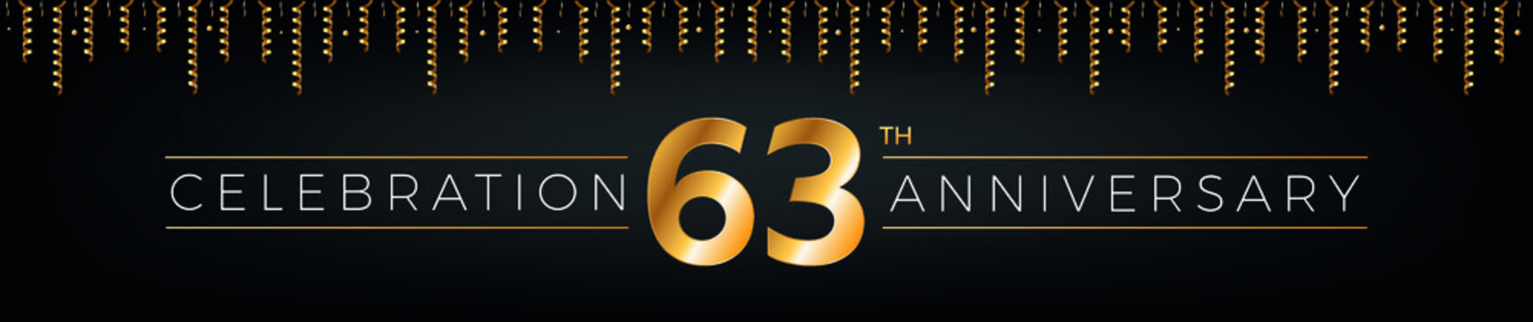 63th anniversary. Sixty-three years birthday celebration horizontal banner with bright golden color.