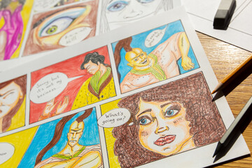 Fototapeta na wymiar Pencil drawings of comic book characters on paper. Illustrated design sketches multicolored storyboard.