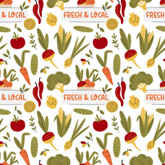 Vegetables seamless pattern. Healthy food background. Farm fresh, fresh and local, organic food, eco vegetables. Vegetarian, farm grocery store vector illustration. Healthy food isolated on white