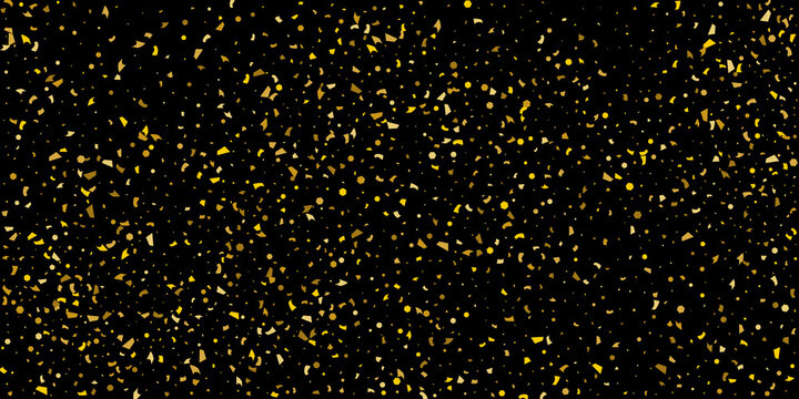 Golden glitter confetti on a black background. Illustration of a drop of shiny particles.