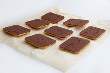 chocolate cookies on parchment paper. chocolate dessert