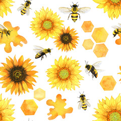 Seamless pattern with honey bees, honeycombs, sunflowers and honey spots