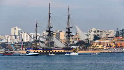 Fototapeta na wymiar XVIII century French frigate replica-harbor's west mole-welcoming flotilla. Portimao-Portugal-167