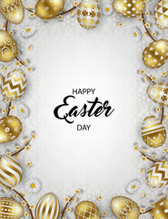 easter background with gold eggs and flowers. easter frame with decorated eggs and branches