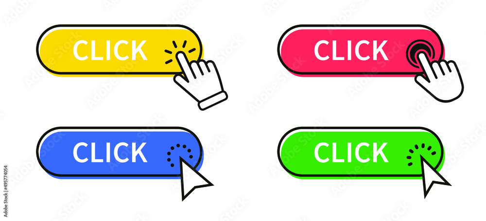 Leinwandbilder Click Here Button with Click cursor. Set for button website design. Click button. Modern action button with mouse click symbol. Computer mouse click cursor or Hand pointer symbol.