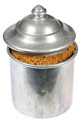 Antarctic krill meal in a vintage aluminium container isolated on white background