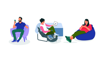 Fototapeta premium Illustration of three person. Working on phone and laptop. These illustrations can be used in advertising.