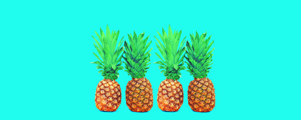 Four pineapple on colorful blue background, ananas photo