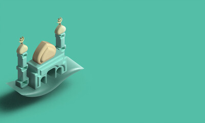 3D cute mosque with tosca colour background. For banner templates. Negative space, to write a...