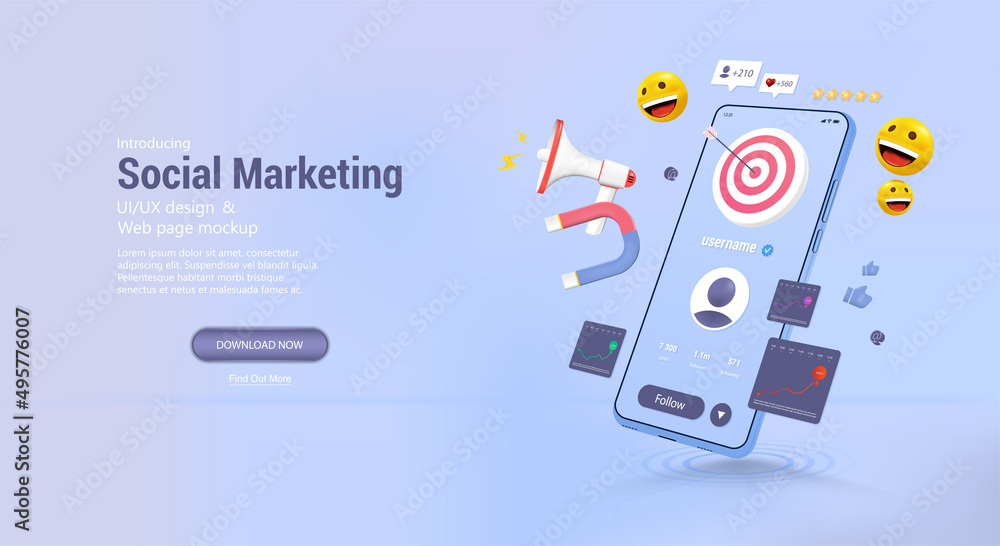 Poster promotion in social networks, development of a brand, page, website or store. 3d smartphone with ele