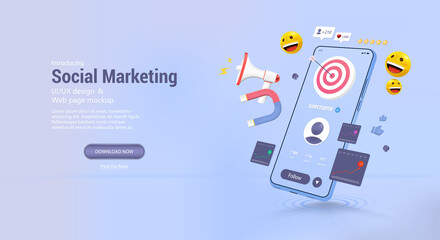 Promotion in social networks, development of a brand, page, website or store. 3D smartphone with elements of social networks and SMM tools to achieve goals. Web promotion online. Vector 3D banner