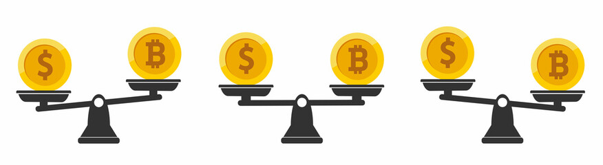 Balance Dollar VS Bitcoin concept set on white background. Vector.