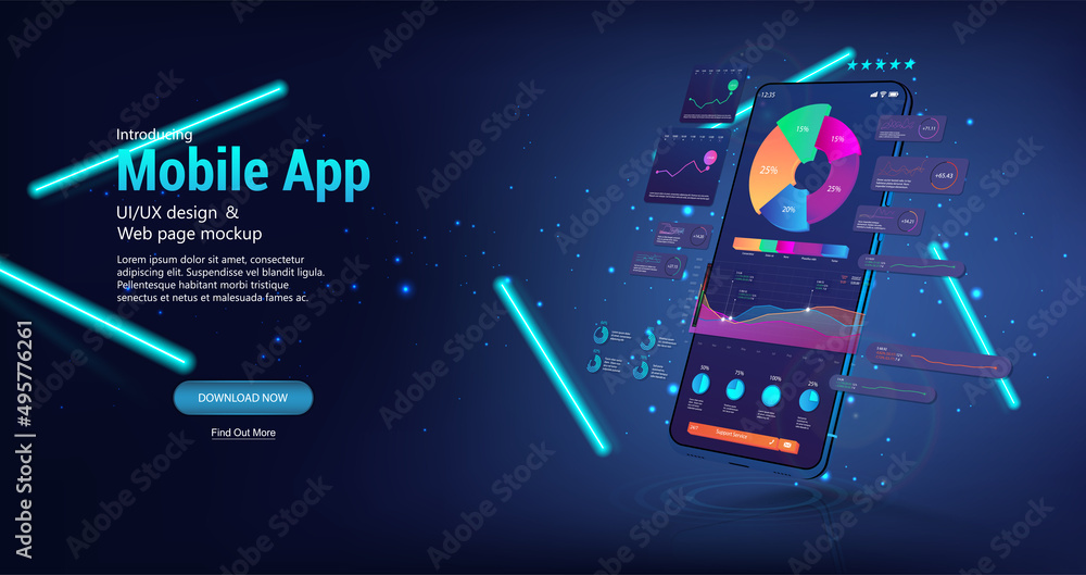Aufkleber Perspective smartphone with UI, UX interface. Mobile app coding and customization concept. 3D smartphone in perspective position with user interface design. Mobile phone and App, coding, usability UI
