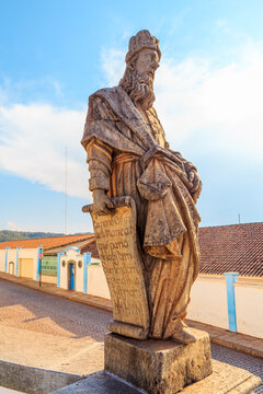 Statue of the prophet sculpted by Aleijadinho in front of the church of the sanctuary of Bom Jesus of Matosinhos at Congonhas, Minas Gerais, Brazil