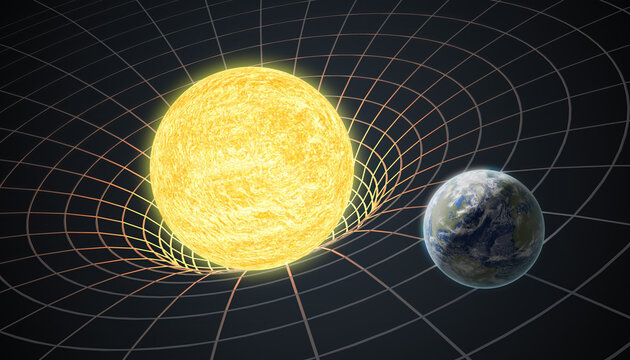 Earth rotating around Sun. Gravity and general theory of relativity concept.