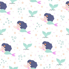 Seamless pattern with cute mermaids on white background. Vector illustration for children.