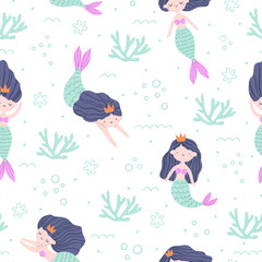 Seamless pattern with cute mermaids, corals and dots on white background. Vector illustration.