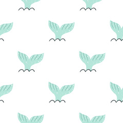 Fototapeta na wymiar Seamless pattern with whale fin on white background. Vector illustration for children.