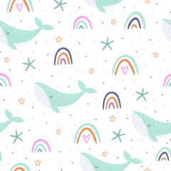 Seamless pattern with whales, rainbows and dots on white background. Vector illustration for children.