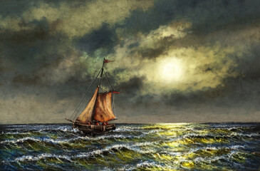 Digital oil paintings sea landscape,  fishing boat, old ship in the night sky, boat  over the moon