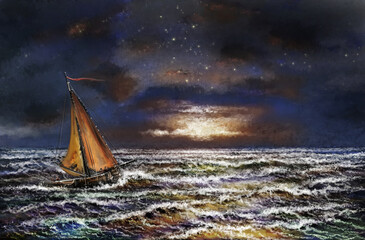 Fototapeta na wymiar Digital oil paintings sea landscape, fishing boat, old ship in the night sky, boat over the moon