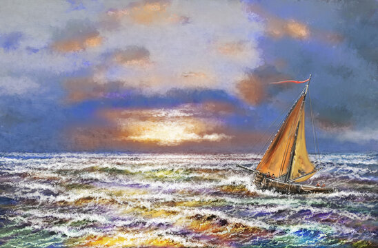 Fishing boats. Oil painting sea landscape. Fine art, sailboat at sunset, sailing ship in the sea
