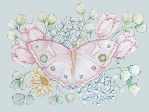 Ilustração de borboleta com flores coloridas em aquarela.