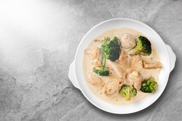 Roast fish meat with vegetable on plate