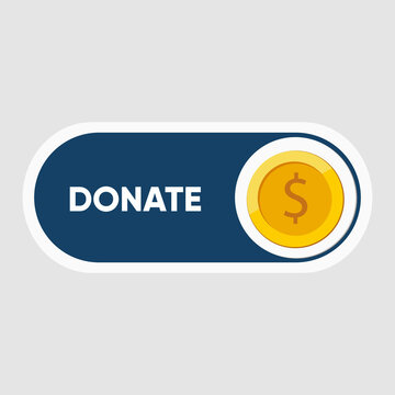 Donate button icon. Blue button with yellow icon for your website, Philanthropy, charity and volunteering symbol Web design