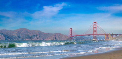 Panoramic view of Baker beach and golden gate bridge, San Francisco, California