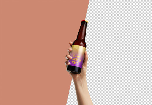 Hand Holding Beer Bottle Mockup with Transparent Background