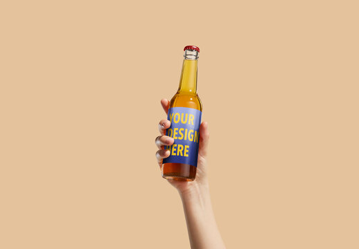 Woman Holding Beer Bottle Mockup with Transparent Background