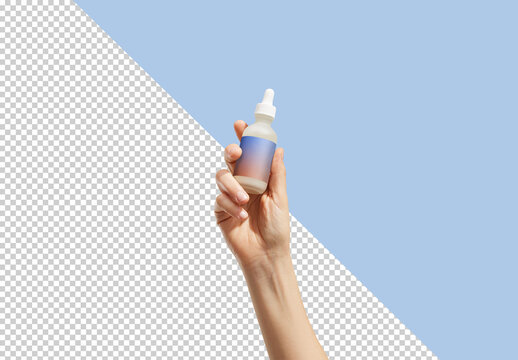 Hand Holding Bottle Dropper Mockup with Transparent Background