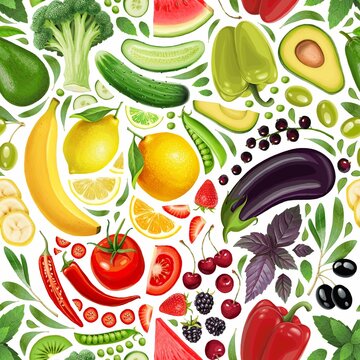 Seamless pattern of fruits and vegetables. Vegetarianism, veganism, raw food diet. Stock illustration.
