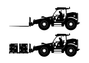 Silhouette of telehandler. Side view of telescopic handler with driver and load. Vector.